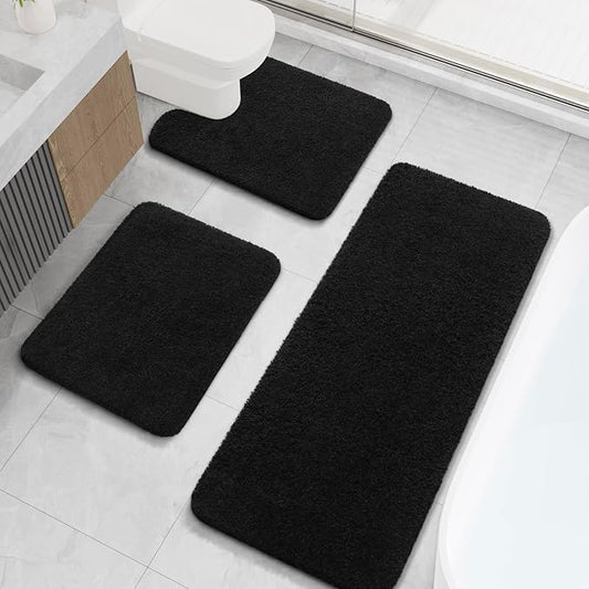 LOCHAS Bathroom Rugs Sets 3 Piece, Long Bath Mat Set Non Slip, Black | Washable Absorbent Toilet Rug, Shaggy Soft Cozy Quick Dry