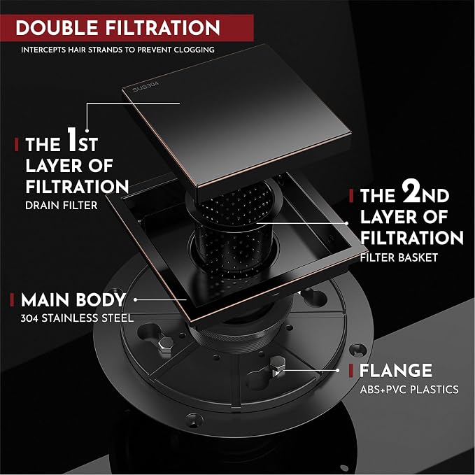 WEBANG 4 Inch Square Shower Drain Bronze Floor Drain with Flange Reversible 2-in-1 Cover Tile Insert Grate Removable SUS304 Stainless Steel CUPC Certified Oil Rubbed Bronze