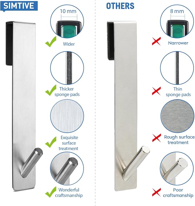 Simtive Extended (7-Inch) Over Door Hooks for Bathroom Frameless Glass Shower Door, Towel Hooks, 2-Pack, Silver