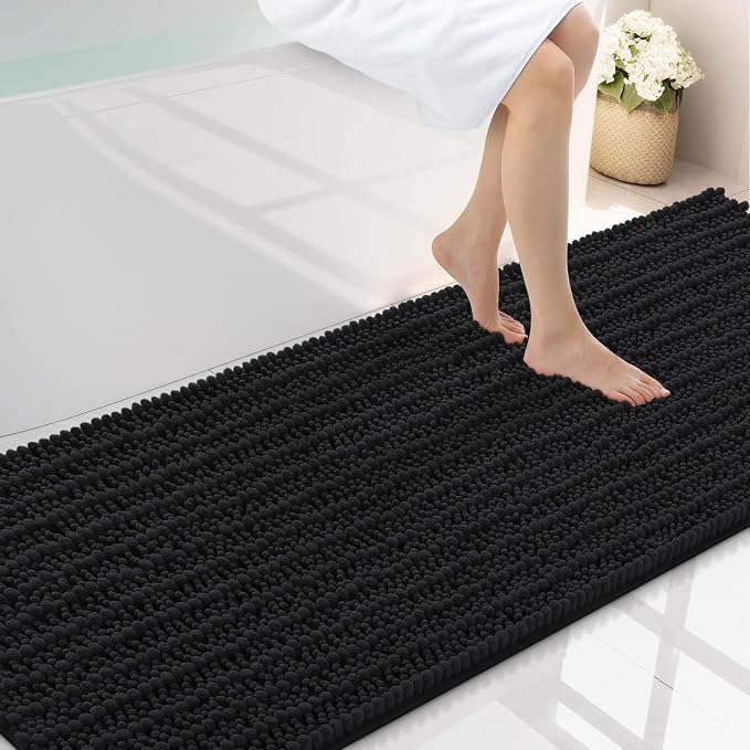 Smiry Bathroom Rugs 70X24, Extra Soft Rubber Backing Chenille Bath Mats | Black Machine Washable Non Slip Quick Dry Bath Mats for Bathroom Floor, Tub, Shower, Home Decor Accessories