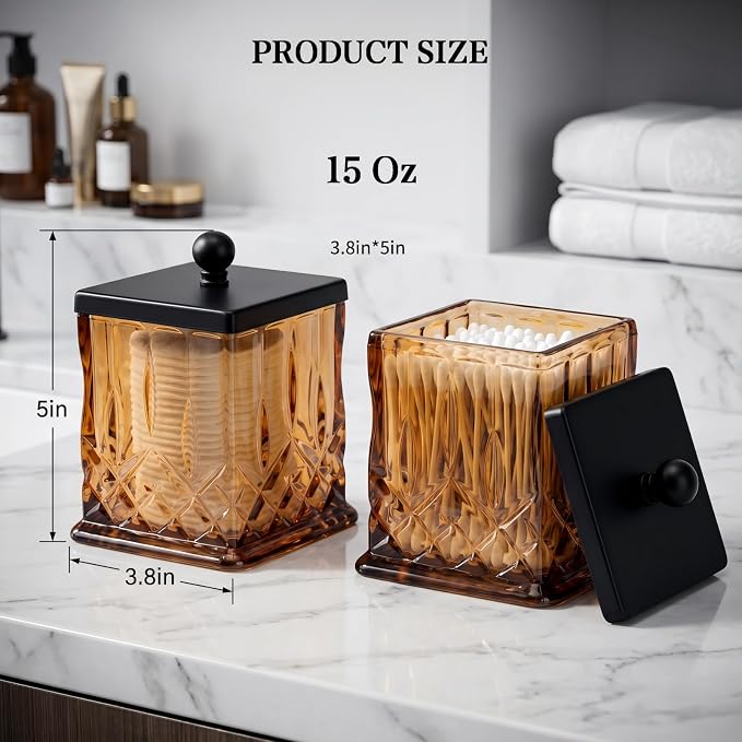 2 Pack Glass Qtip Holder Dispenser Set,Square Bathroom Apothecary Jars with Matte Black Lid for Cotton Swabs, Balls, Pads,Floss Picks, Vanity Storage Container for Makeup, Candy, Jewelry(15 Oz, Amber)