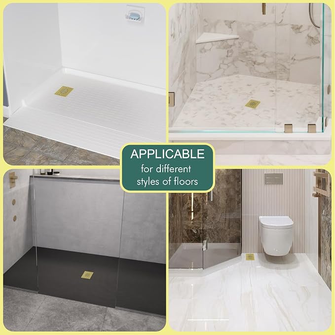 4 Inch Shower Floor Drain with Flange - Square Shower Drain with Hair Strainer - Removable Strainer Cover - SUS304 Stainless Steel - Brushed Gold