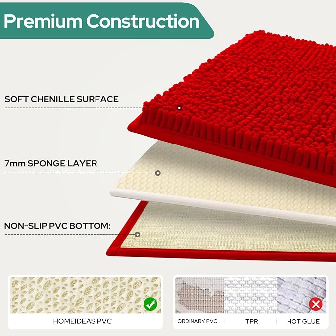 HOMEIDEAS 3 Pieces Red Bathroom Rugs Set, Ultra Soft Non Slip Bath Rug and Absorbent Chenille Bath Mat, Includes U-Shaped Contour Rug, Bath Mat and Toilet Lid Cover, Perfect for Bathroom, Tub