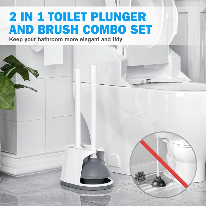 Toilet Plunger and Brush Set, Silicone Bowl Brush and Heavy Duty Toilet Plunger with Ventilated Holder, 2-in-1 Toilet Brush and Plunger Combo for 5.3-inch Toilet Drain Bathroom Deeply Cleaning