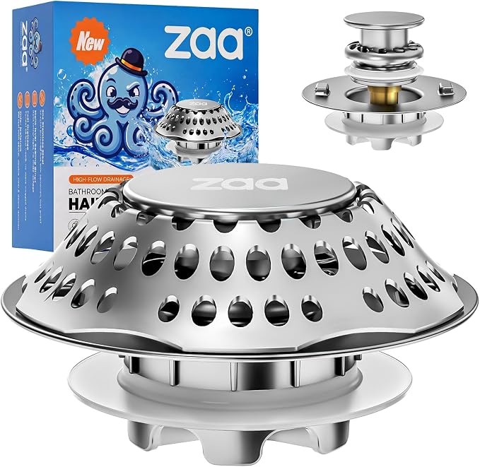 zaa 2 in 1 Bathtub Drain Stopper & Hair Catcher Pop-Up Plug | Upgraded Silver Pop Up Tub Plug for 1.46-2" Drain, Replaces Lift & Turn Tip-Toe or Trip Lever, Easy Hair Catcher