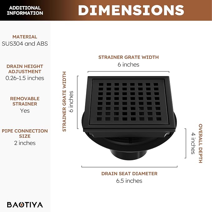 6 Inch Square Black Shower Drain with Flange, Modern Floor Drain with Quadrato Pattern Grate Removable,SUS 304 Stainless Steel