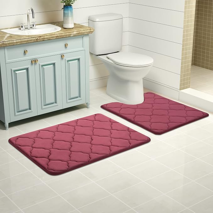 OLANLY Memory Foam Toilet Rugs U-Shaped 24x20, Ultra Soft and Absorbent Bathroom Rugs, Non-Slip, Comfortable, Machine Washable Contour Bath Mat for Toilet Base, Home Decor Accessories, Burgundy | Thick Absorbent Carpet, Non-Slip Backing, Machine Washab...