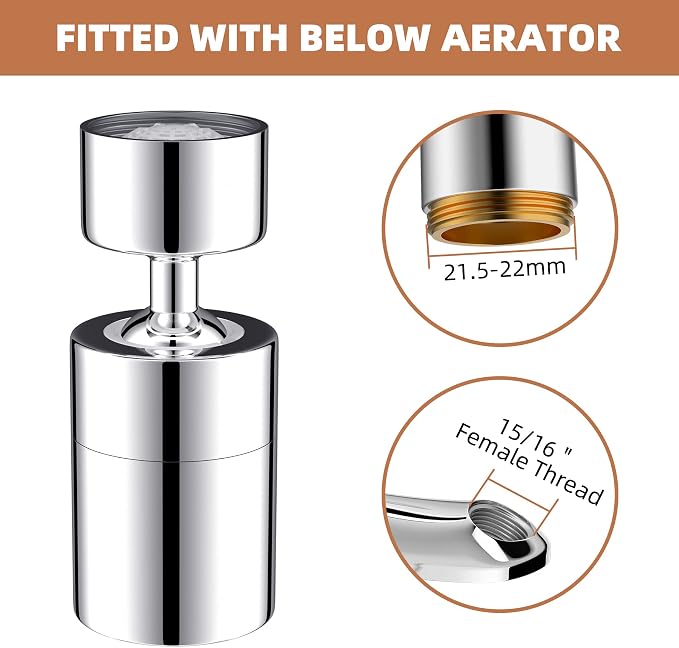 360 Degree Swivel Sink Faucet Aerator, Big Angle High Pressure Large Flow Dual Function Kitchen Faucet Aerator, 55/64" Female Thread, Polished Chrome