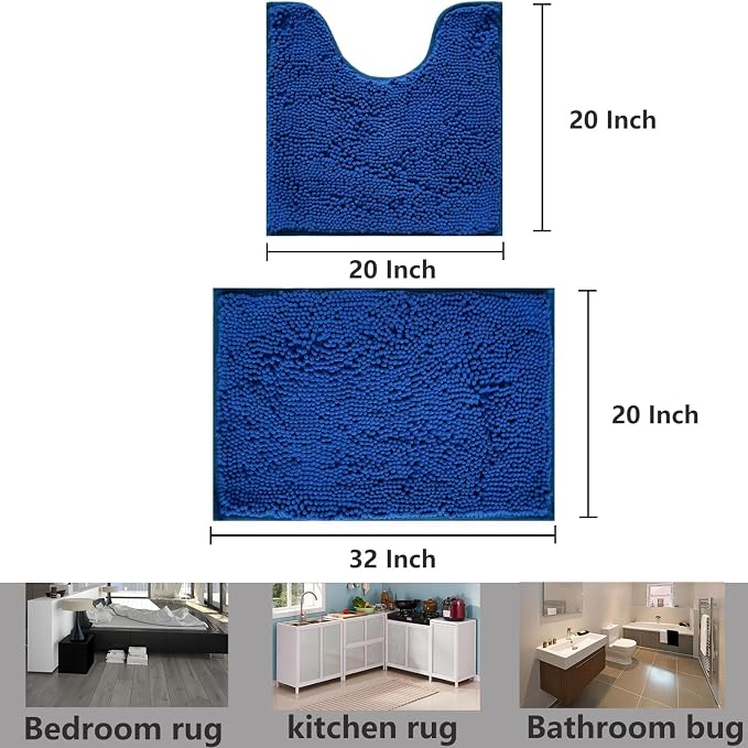 Bathroom Rugs Chenille, Extra Thick and Absorbent, Non-Slip, Machine Washable, Dry Quckily, Soft Cozy Plush, Used Under Shower Bathtub and Sink, Bath mat Sets Royal