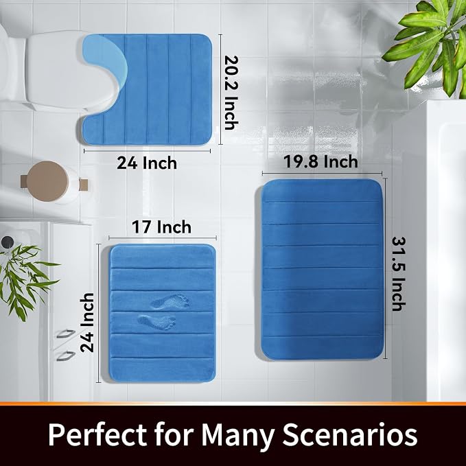 Yimobra Memory Foam Bath Mat, Super Soft Absorbent Bathroom Rug Non Slip, Quick Dry, Machine Washable Floor Carpet for Tub Shower, Home Decor Accessories, 24x17, Blue