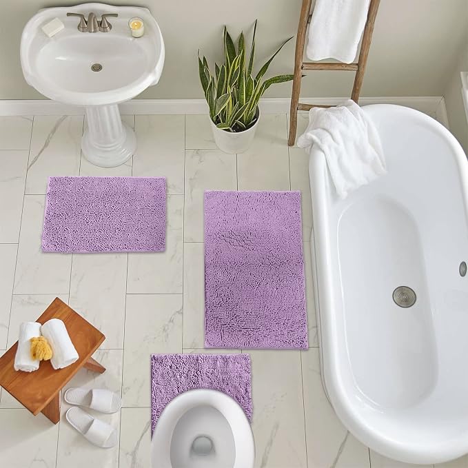 LuxUrux 3 Piece Bathroom Rug Set, Non-Slip Shaggy Chenille, Lavender, Includes U-Shaped Contour Toilet Mat, 20 x 30'' and 16 x 24'' Bath Mats, Machine Washable