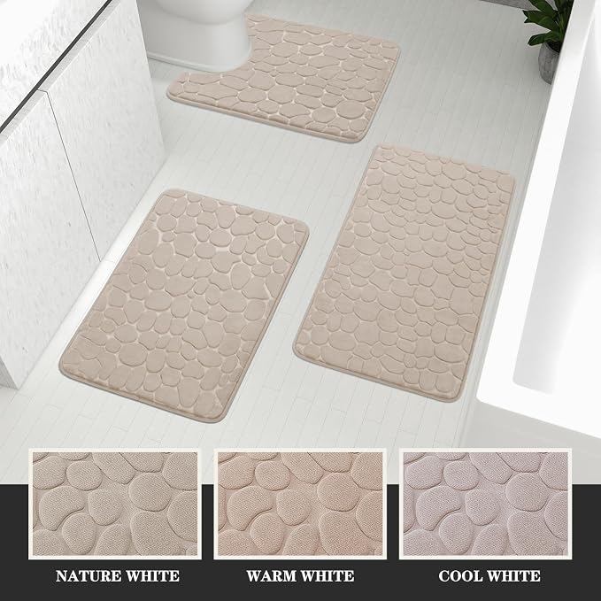 YIHOUSE Bathroom Rugs Mat Set, Memory Foam Bath Mat 3 Piece Khaki | U Shape+Small Mat, Non Slip, Water Absorbent, Washable, Bath Mat For Bathroom, Sink and Toilet