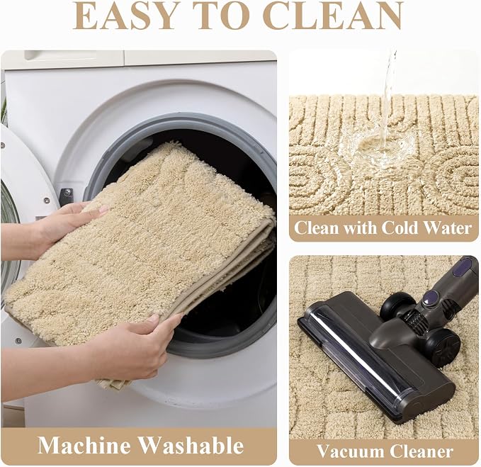 Vaukki Beige Bathroom Rugs Sets 3 Piece, 32x20+26x18+24x20 Inch | Washable Non Slip Soft Bath Mats for Shower and Tub, Plush Absorbent Microfiber Toilet Rug U Shaped