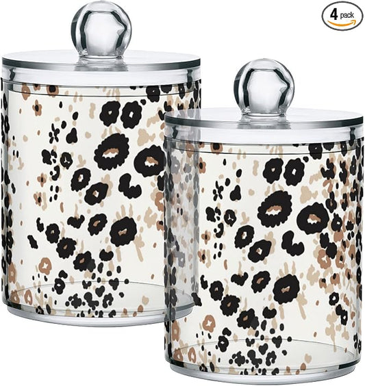 4 Pack Qtip Holder Dispenser Brown Floral Leopard Print Cotton Ball Cotton Swab Round Pads Floss Clear Bathroom Storage Containers Plastic Apothecary Jars