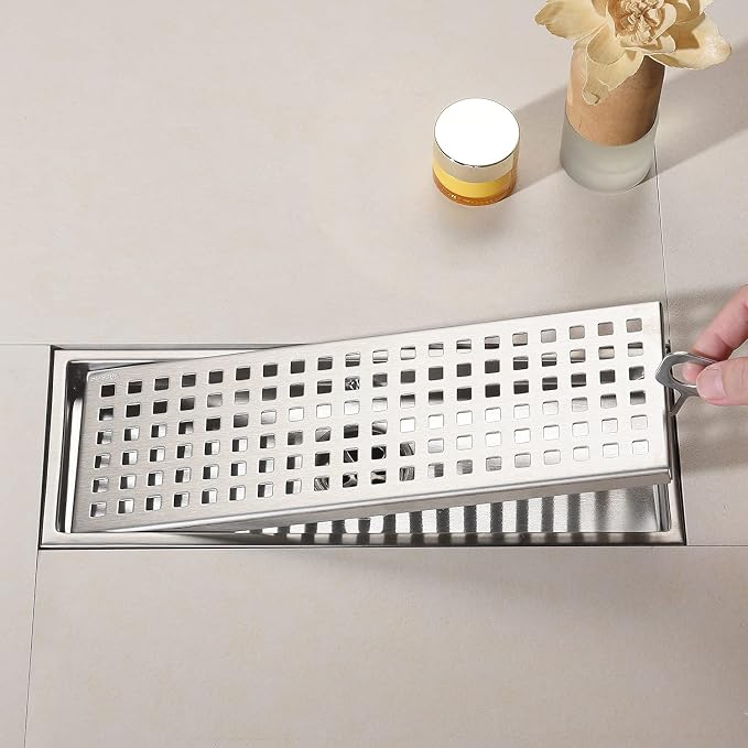 12 Inch Rectangular Shower Floor Drain, Detachable to Insert The Mesh Grille Cover, SUS304 Stainless Steel, Brushed Nickel