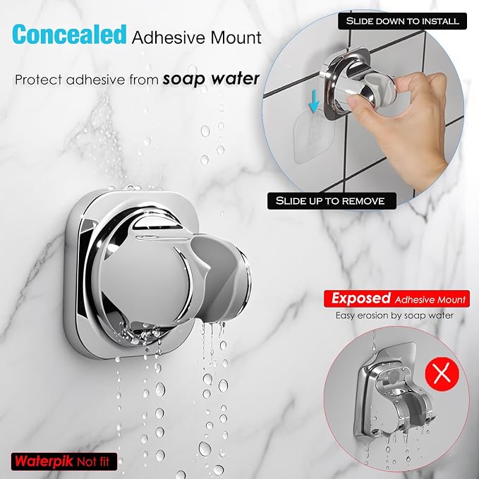 Handheld Shower Head Holder - 5 Positions Adjustable - Slide to Fit - Adhesive Mount with Screw Option, Bathroom Wall Mount Shower Hose Holder (Chrome)