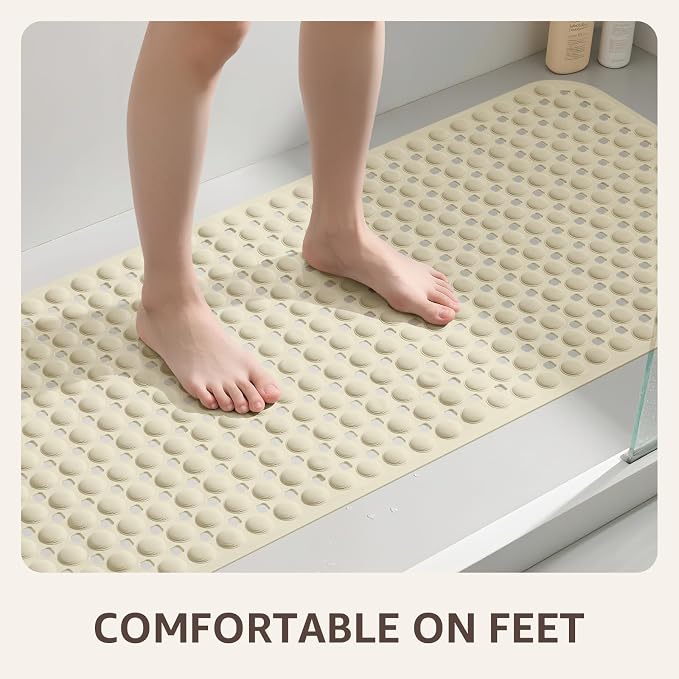 OTHWAY Bath Tub Shower Mat Non Slip, Bathtub Floor Liner Mats for Inside Shower Bathroom, Suction Cups and Drain Holes for Feet Scrubbing, Machine Washable, Soft on Feet, 35x16 Inch, Beige