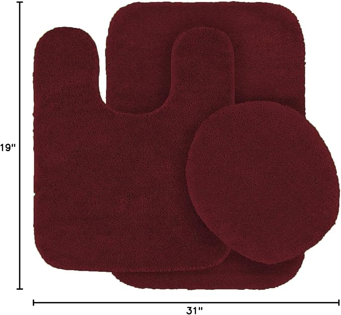 3pc Solid Non Slip Soft Bath Rug Set for Bathroom U-Shaped Contour Rug, Mat and Toilet Lid Cover New# Angela (Burgundy)