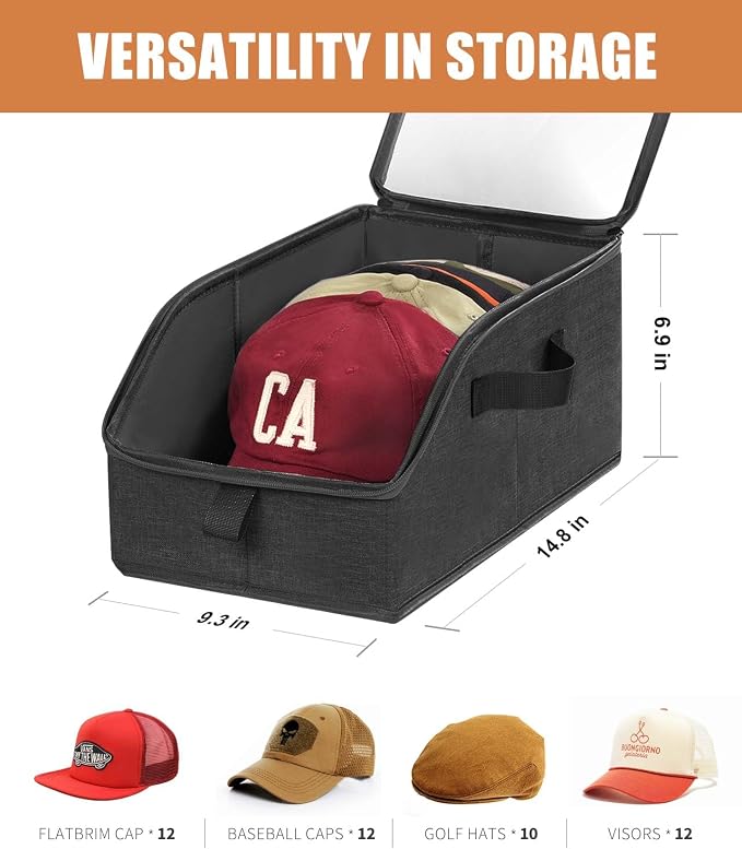 Livelab Hat Organizer for Baseball Caps, Hat Storage Holder Container for Closet Hold Up to 24 Caps with Clear Window, Hat Boxes for Home Storage | 2Pcs Black