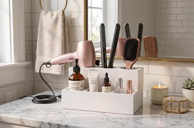 Hair Tools Organizer - Wood White - Blow Dryer, Straightener, Curling Wand, Brushes Holder - Vanity & Bathroom Storage - Wall Mount or Sit on Counter