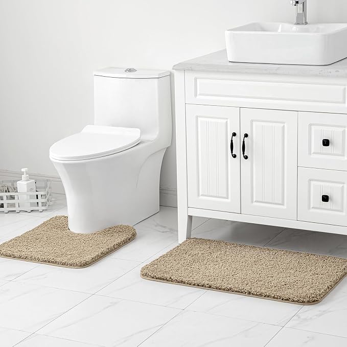 MIULEE Tan Bathroom Rugs Set 2 Piece Soft Bath Mats 20x20+20x32 Inch | Absorbent Microfiber Bath Mat and U-Shaped Toilet Rug, Non Slip, Quick Dry, for Bathroom Floor Tub Showers, Machine Washable