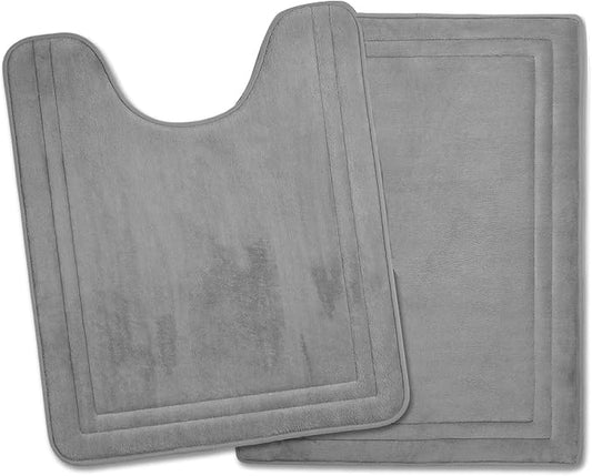 Grey Bathroom Rugs Memory Foam Bath Toilet Contour Mat Set 2 Piece | Non Slip Washable Floor Mats U-Shaped Toilet Rug Soft Absorbent Plush Microfiber Shower Tub Bathmat Gray,24"x17"+24"x20"