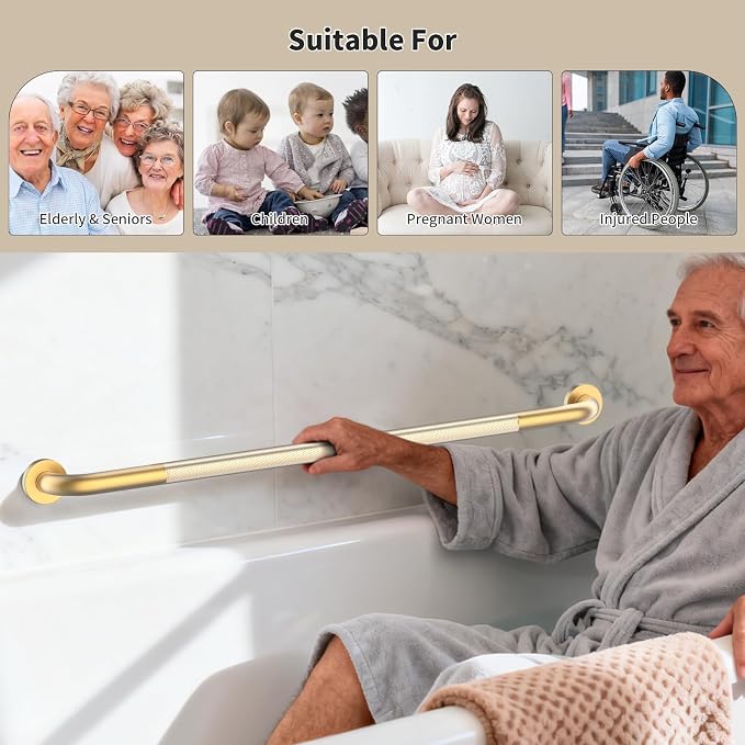 Brushed Gold Shower Grab Bar w/Anti-Slip Knurled Grip 40 Inch,YuanDe Stainless Steel Bathroom Grab Bars, Handicap Injury Elderly Senior Assist Support Shower Handle