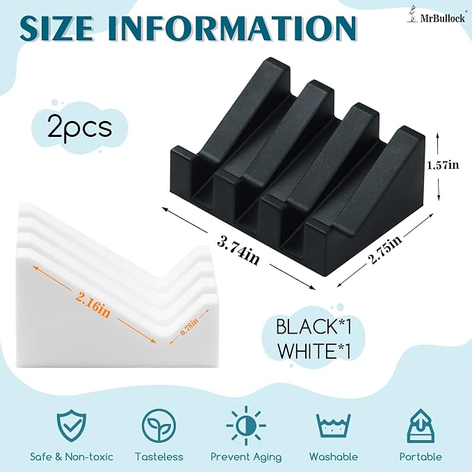 Self Draining Silicone Soap Dish Holder Waterfall Tray, 2 Pack Black White | Waterfall design drains fast to keep soap dry, non-slip silicone base anti slide, soap saver for bathroom & kitchen