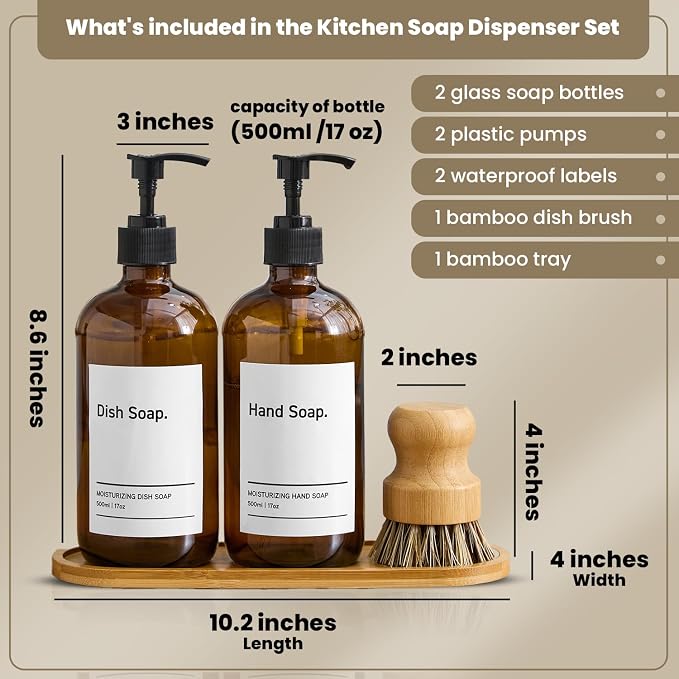 SIDIQI Design Glass Soap Dispenser Set of 2 with Plastic Pumps, Bamboo Tray, Brush & Labels - Ideal for Bathroom & Kitchen Countertop - 500ml/17 Oz