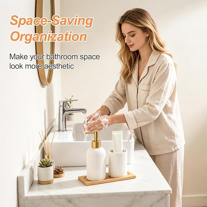 RETON 3 PCS Ceramic Bathroom Accessories Set with Natural Bamboo Tray-White | Included Hand Soap Dispenser, Toothbrush Cup and Bamboo Tray, Fits Bathroom Countertop, Bath Countertop Decor Organizer
