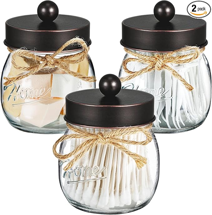 SheeChung Bathroom Decor, Bathroom Organizers and Storage, Qtip Holder, Vanity Decor, Cute Mason Jars for Cotton Swabs, Balls, Cotton Pads, Floss Picks (Oil Rubbed Bronze, 3 Pack)