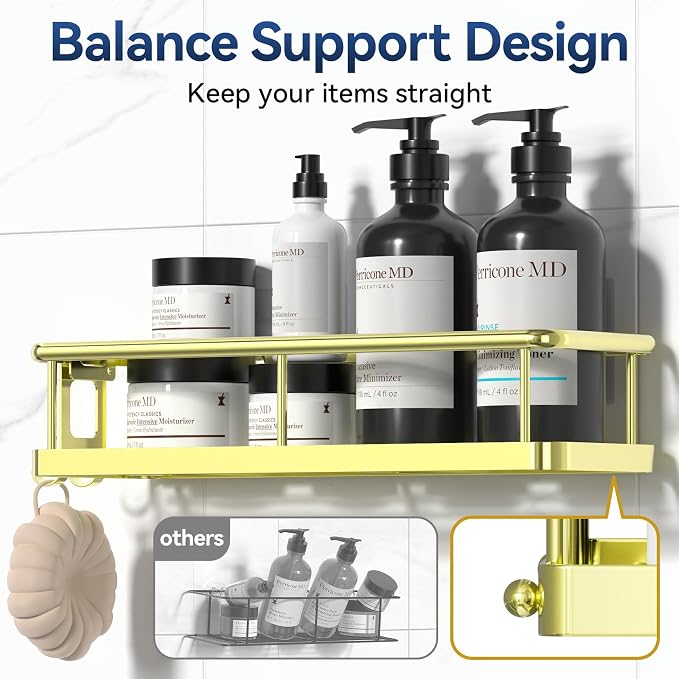 Shower Caddy Adhesive, Rustproof Shower Organizer with Soap Holder, Large Capacity Shower Shelves for Inside Shower, No Drilling Bathroom Organizers and Storage for Home Decor（3 Pack Gold）