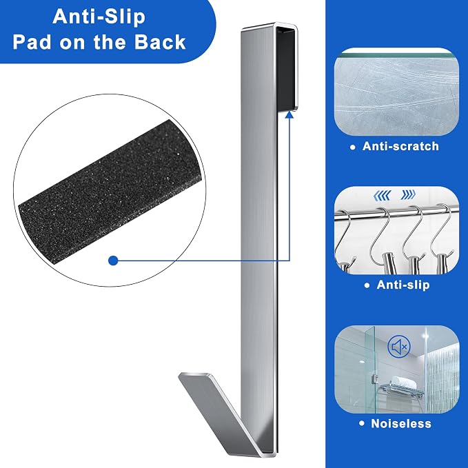 Shower Door Hooks 10 in, Shower Hooks for Towels, Heavy Duty Drilling-Free Extended Towel Hooks for Bathroom Frameless Glass Door, Over The Door Towel Hooks 3 Packs Silver