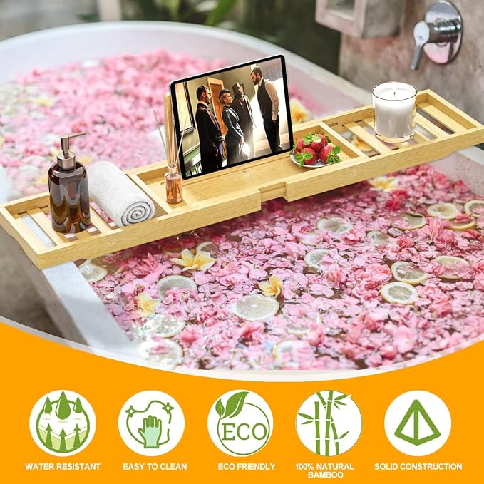 Bathtub Tray - Bath Tray Expandable - Bath Table Trays for Bathtub/Tub,Premium Bamboo Wooden, Fits Most Bath Tubs
