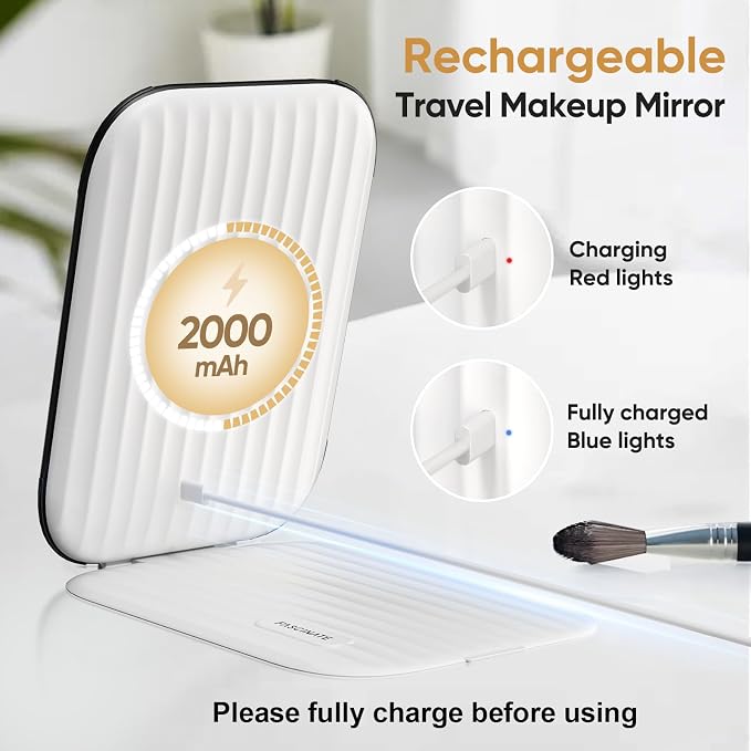 FUNTOUCH 2000mAh Rechargeable Travel Makeup Mirror with Lights | Light up Portable Vanity Mirror with 80 LEDs,Brightness Adjustable,3 Lighting, Dimming Compact Mirror