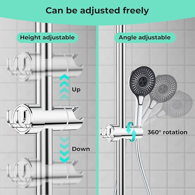 Shower Head Holder with 2 Hooks for 20.5-23.5mm Showerhead, Adjustable Shower Head Bracket for 16-27mm Sliding Rod, Chrome Plated Shower Holder Replacement