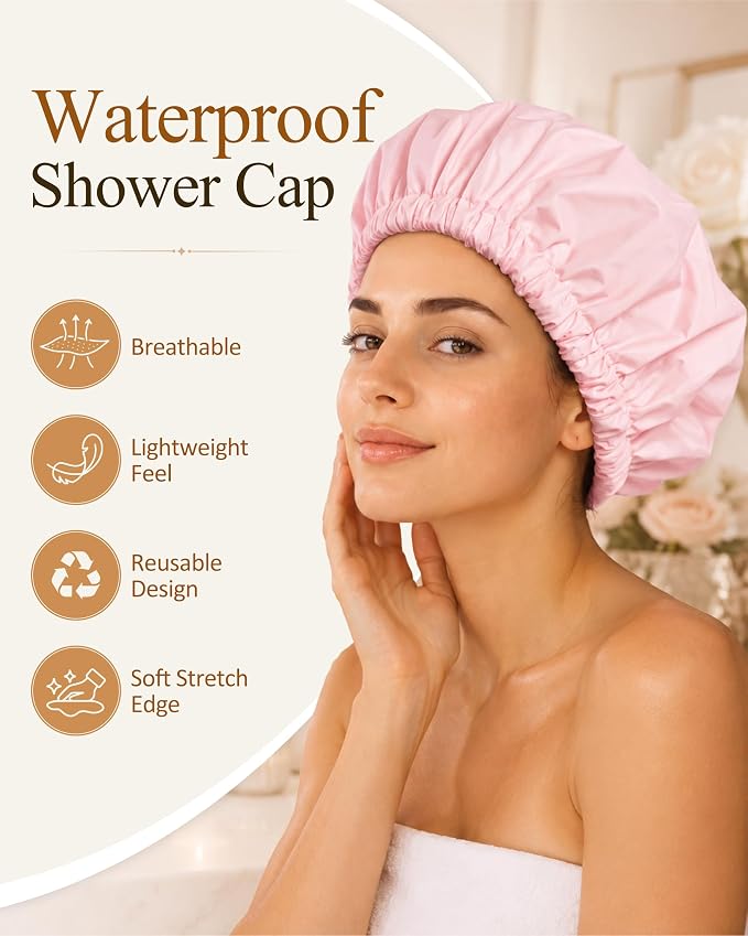 Edoneery Shower Caps for Women Reusable Waterproof, Shower Hair Cap | Washable Bonnet, Wide Elastic Band, Large Fit, Holds Long Hair, Braids Friendly, Bath Accessories, Spa, Travel