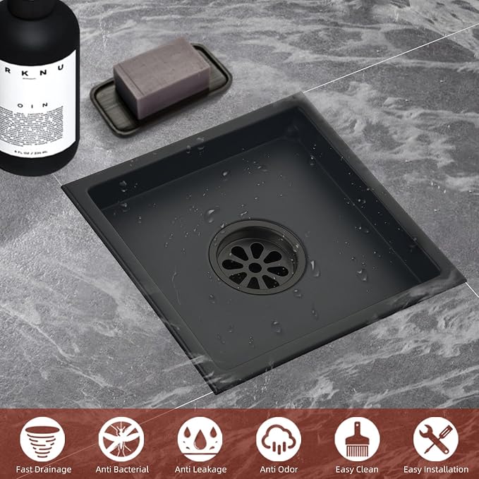 6 Inch Square Shower Drain Set of 2 with Removable, Square Grille, 304 Stainless Steel, Includes Shower Drain Base Hair Filter, Black, for Bathroom, Kitchen, Balcony 2 Pack