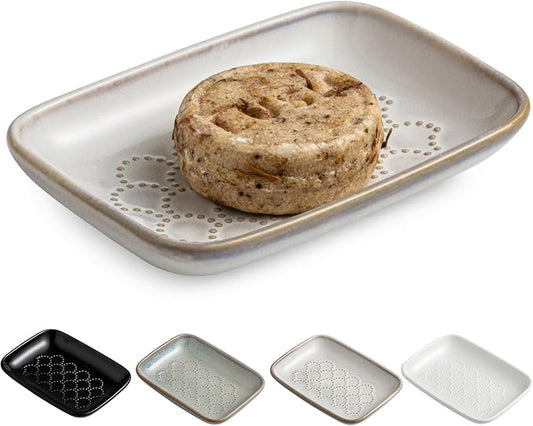 Gomakren Ceramic Soap Dish Bar Soap Holder for Bathroom Kitchen Sink Beige | Keeps soap dry & long-lasting, raised scalloped design, non-slip base, easy to clean, versatile tray counter storage & decor