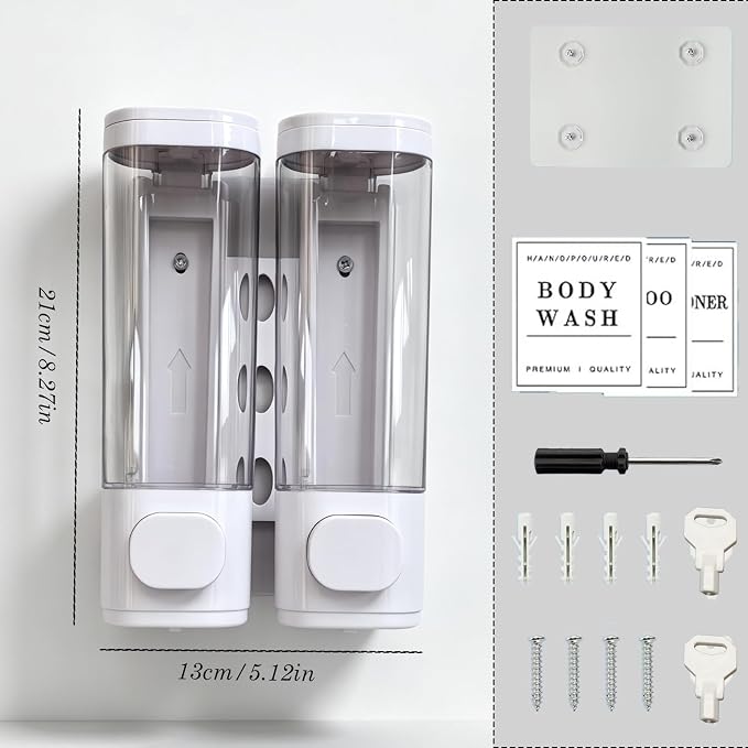 2-Chamber 10oz/300ML White Plastic Hand Wall Mounted Soap Dispensers | Refillable Shampoo Conditioner Shower Dispenser No Drill, Clear Manual Pump Dispenser for Bathroom Hotel Kitchen