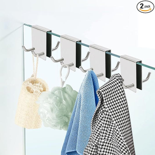 EAEDMY Shower Door Hooks, Over Glass Shower Towel Hooks for Bathroom, Suit for Frameless Glass Shower Door 0.43in (<11mm), Stainless Steel, Drilling-Free, 2 Pack (4Pack Silvery)