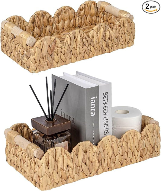 Kriitools Decorative Toilet Paper Storage Basket, Modern Farmhouse Home Decor Scalloped Basket for Organizing, Pantry Baskets for Shelves, Countertop, Living Room, w/Wood Handles, Natural, 2 Sizes