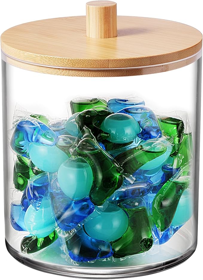 SheeChung 1 Pack 50oz Laundry Pods Container with Natural Bamboo Lid - Shatterproof Laundry jars- Clear Plastic Storage Canister for Scent Beads & Bath Salts with Labels & Spoon