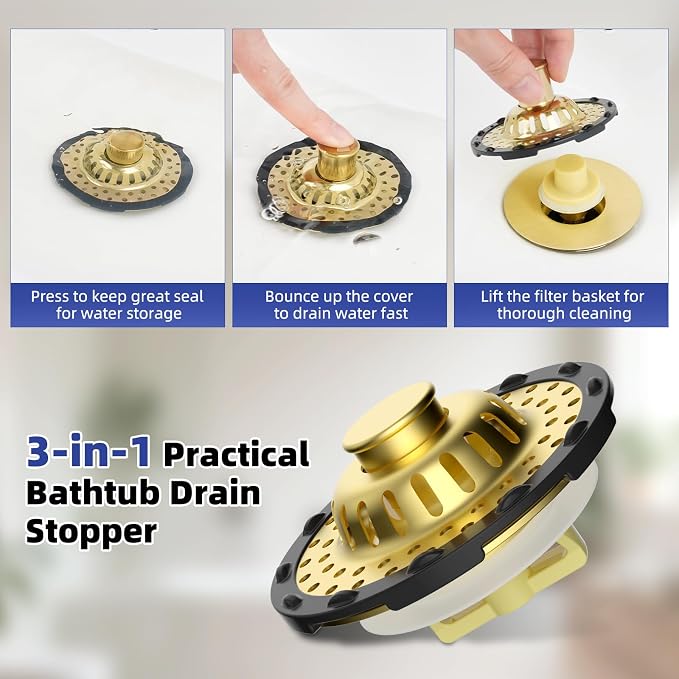 Universal Bathtub Drain Stopper All Metal Top Hair Catcher, Brushed Gold | Shower Drain Tub Stopper with Stainless Steel Visible Filter Basket, Upgraded 3 in 1 Pop-up Drain Plug for 1.5 to 2.4" Hole