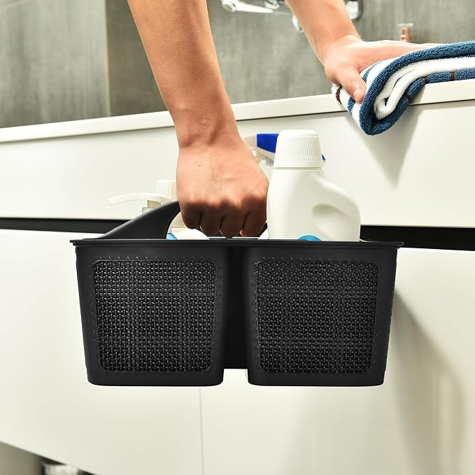 NINU Plastic Black Shower Caddy Basket, Divided Cleaning Portable Shower Basket with Handle Compartments Storage Organizer for Bathroom, College, Kitchen, Dorm Room Essentials