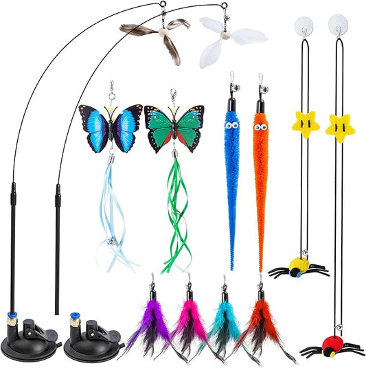 3-in-1 Cat Wand Toys,12Pcs Interactive Cat Feather Toys for Indoor Self Play & Exercise,2 Reusable Strong Suction Cups,2 Hanging Spider Toys for Kitten