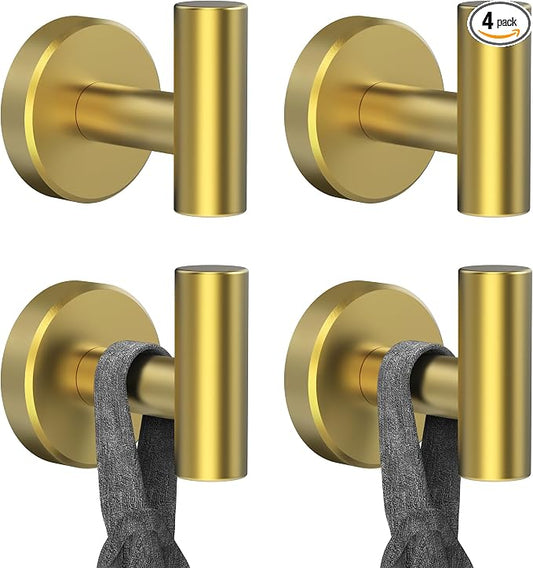 RARXTR Bathroom Towel Hook, Coat Robe Clothes Hook for Kitchen Garage Wall Mounted, 304 Stainless Steel, Heavy Duty Door Hanger, Cabinet Closet Wall Hook for Hotel Pool (Brushed Gold, 4 Pack)