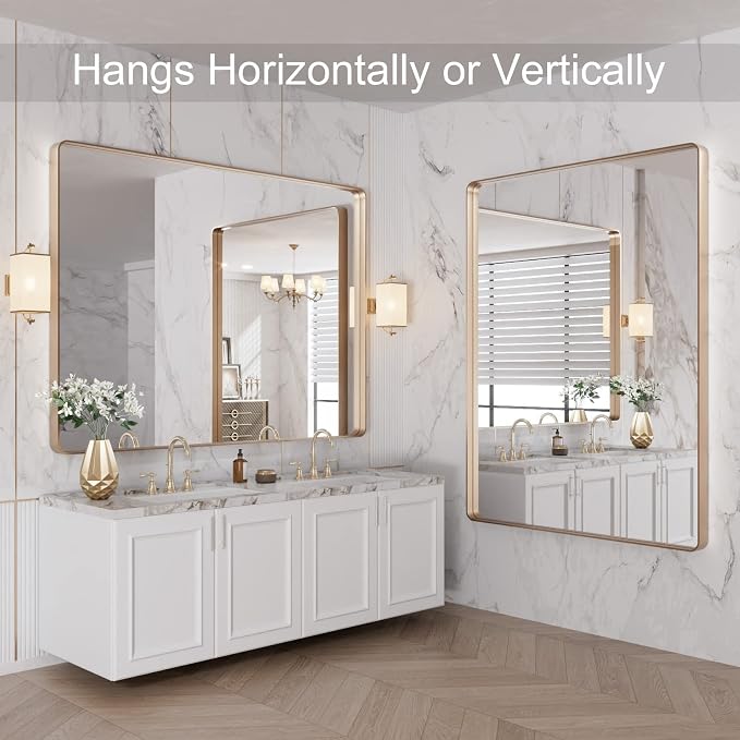 LOAAO 48”X36” Gold Bathroom Mirror, Rounded Rectangle Gold Frame Mirror, Brushed Gold Bathroom Vanity Mirror Wall-Mounted, Anti-Rust, Tempered Glass, Hangs Horizontally or Vertically | Rounded Rectangle, Brushed Gold Frame, Wall-Mounted, Anti-Rust, Tem...