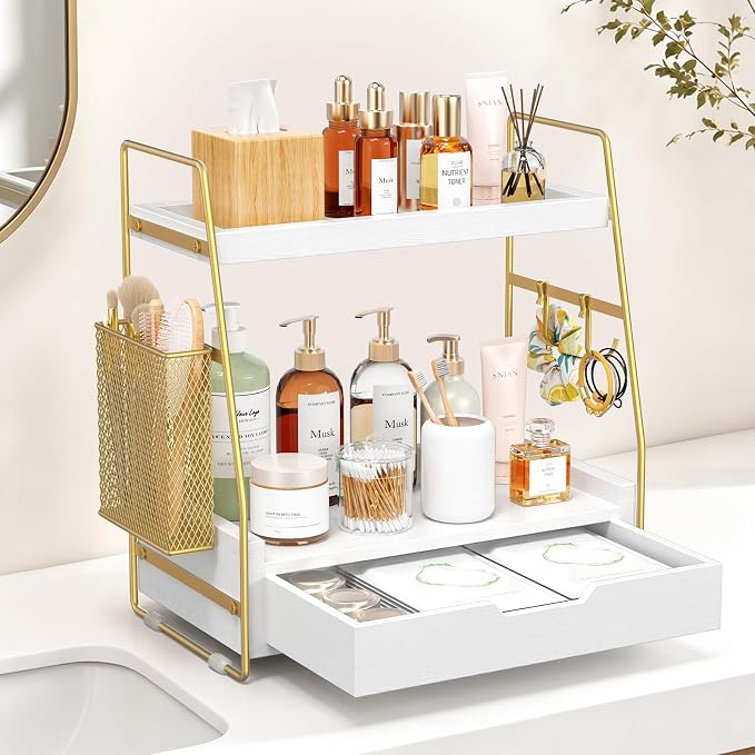 2-Tier Bathroom Counter Organizer with Drawer and Basket, Wood Vanity Countertop Storage for Perfume, Makeup, Skincare, Bathroom Counter Shelf, 13" x 7.9" x 14.5", White Gold