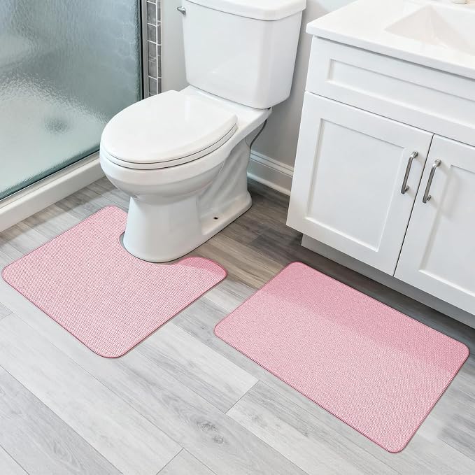 Bosap Bath Mat Set 2 Pieces,Ultra Thin Bathroom Rugs,Rubber Toilet Rugs | Non Slip,Quick Dry,Machine Washable,Low Pile,Absorbent,Shower,Sink,Bathroom Decor.(Pink,17"x27" Plus 20"x24"U Shaped)